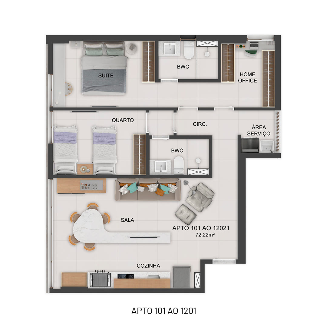 Planta Apto 101 ao 1201 — 72,22 m²